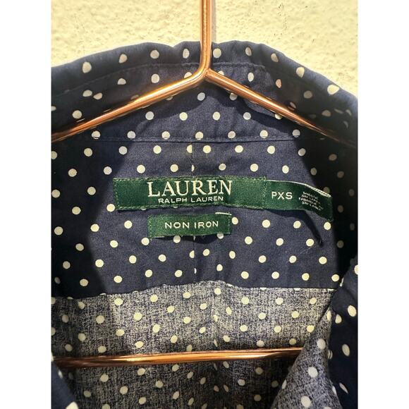 LAUREN RALPH LAUREN Navy White Polka Dot 3/4 Sleeve Button Up Shirt size P XS - Picture 3 of 7